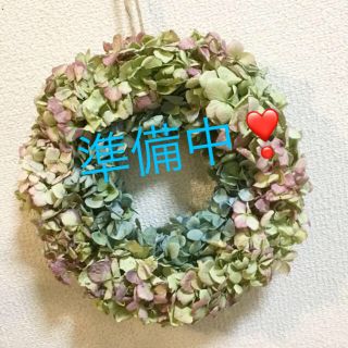 秋色紫陽花のドライリース、ライムピンク&ブルーグリーン(ドライフラワー)