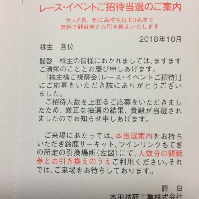 【値下げ】ホンダ レースご招待 最大5名★鈴鹿サーキット ツインリンクもてぎ