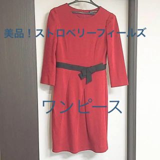 ストロベリーフィールズ(STRAWBERRY-FIELDS)の【美品】ストロベリーフィールズ★赤★上品な大人可愛いリボン付きワンピース★(ひざ丈ワンピース)