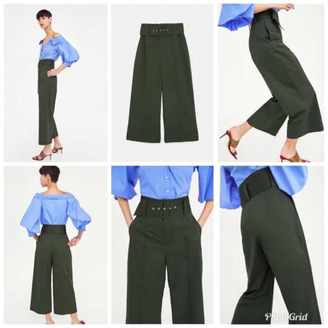 ZARA(ザラ)のZARA ハイウエスト ワイドパンツ XS カーキ ポプリンパンツ ベルト付き レディースのパンツ(カジュアルパンツ)の商品写真