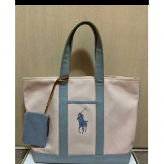 POLO RALPH LAUREN(ポロラルフローレン)の本物ラルフローレンピンク×ブルーグレー系ビックポニーのハンドバック  レディースのバッグ(トートバッグ)の商品写真