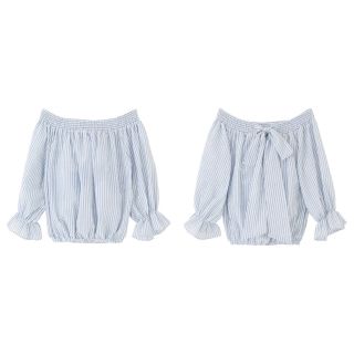 グレイル(GRL)の値下げ♡GRL バックリボンオフショルトップス ブルー 青 ストライプ ブラウス(シャツ/ブラウス(長袖/七分))