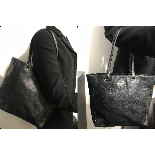 PRADA(プラダ)の●17万プラダ黒エンボス総レザーショルダーバッグメタル刻印白ステッチ●良好美品 レディースのバッグ(ショルダーバッグ)の商品写真