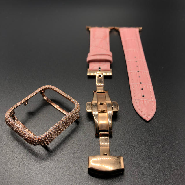 腕時計フルローズゴールド最新版カバー&ピンクベルトセットアップルウォッチカスタムset