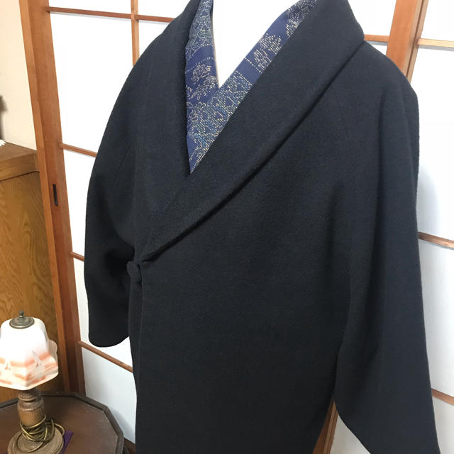 市田ウール着物コート✳毛100% M 黒美品 ヘチマ襟