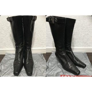 プラダ(PRADA)の●7.5万プラダ高級総ナッパ山羊革レザー広幅ミドルジップブーツ黒バックル刻印美品(ブーツ)