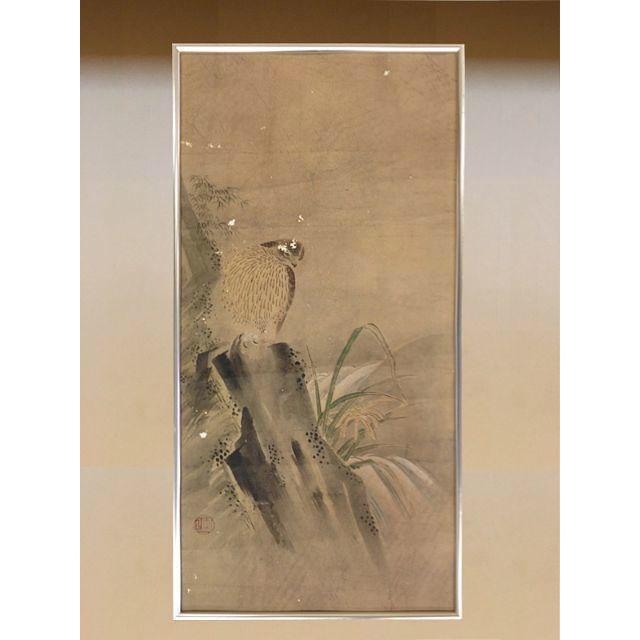 最新入荷】 曾我蕭白(曽我蕭白) 鷹と蘭の図 裏打ち済 アルミ額付 日本