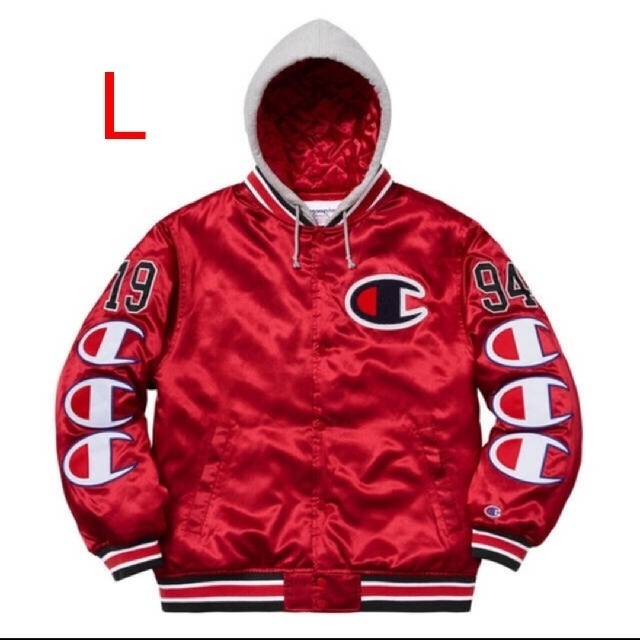 赤 Champion® Hooded Satin Varsity Jacket