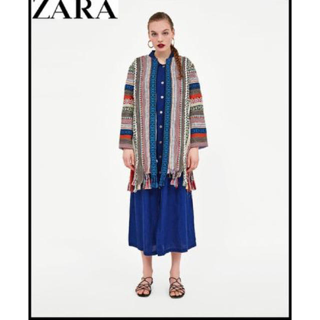 ZARA(ザラ)のsale!新品タグ付☆ZARAザラ☆フリンジ付ジャガードトリミングコート レディースのジャケット/アウター(ニットコート)の商品写真