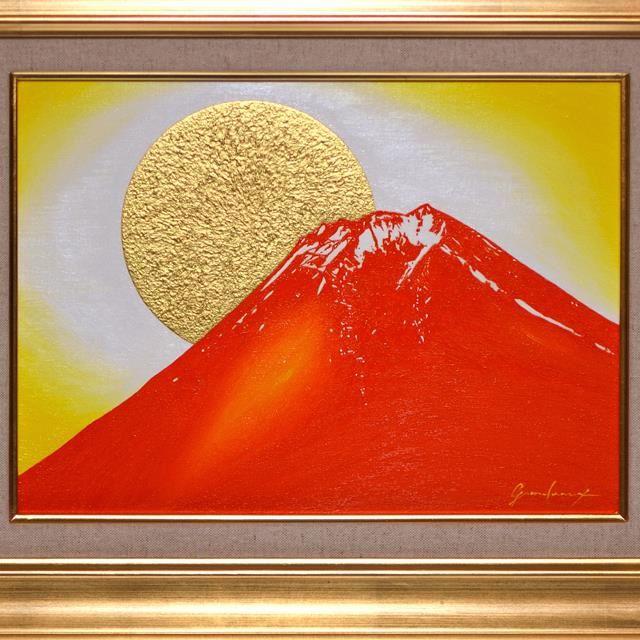 可愛すぎるフェミニンデザイン♪-○『太陽と新緑の緑富士』○がんどうあつし•絵画油絵F4号•グリーン額付開運富士山 