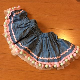 メゾピアノ(mezzo piano)の新品 パンパンチュチュ ポンポンフェアリースカート デニム×PKミント(スカート)