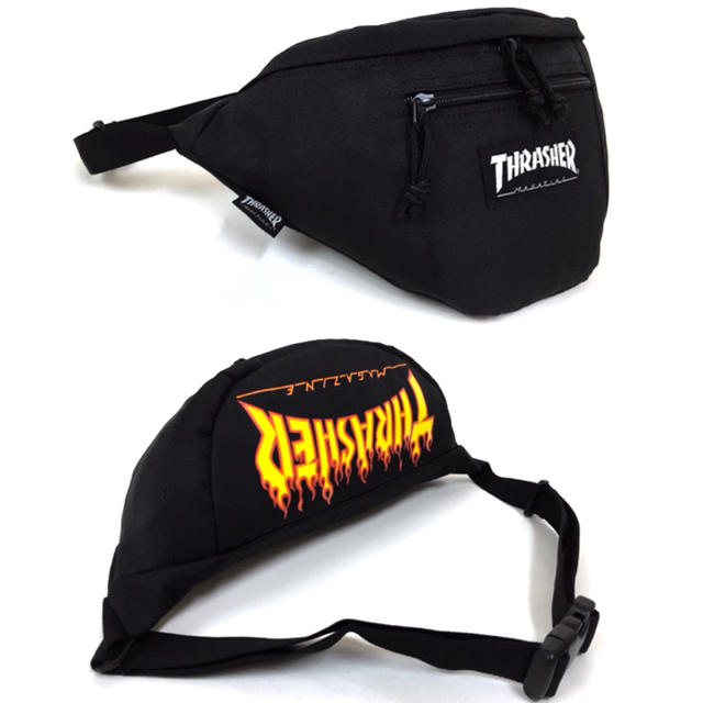 THRASHER(スラッシャー)の【THRASHER】ウエストバッグ［BK/WH正面タグ×YEプリント］ メンズのバッグ(ウエストポーチ)の商品写真