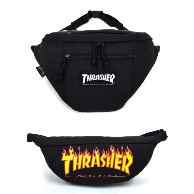 THRASHER(スラッシャー)の【THRASHER】ウエストバッグ［BK/WH正面タグ×YEプリント］ メンズのバッグ(ウエストポーチ)の商品写真