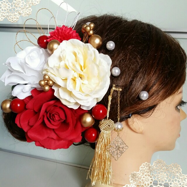 赤×ゴールド 上品でゴージャスな髪飾り 成人式 結婚式 和装 卒業式に