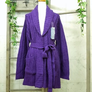 新品 ベルト付ニットガウンジャケット カーディガン コート 紫 大きいサイズ3L(ガウンコート)