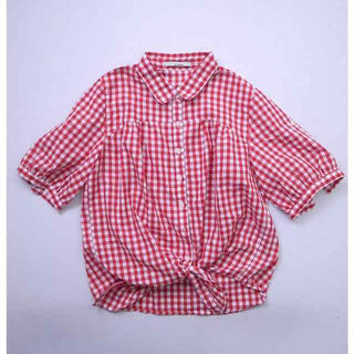 オリーブデオリーブ(OLIVEdesOLIVE)のOLIVE des OLIVE 前しばりギンガムチェックシャツ  赤 白 (シャツ/ブラウス(半袖/袖なし))