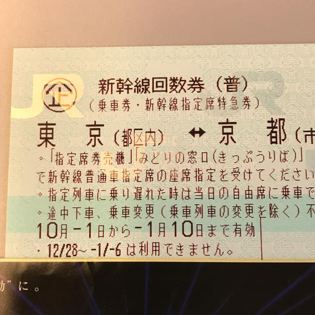 チケット東京－京都 新幹線 回数券 １枚