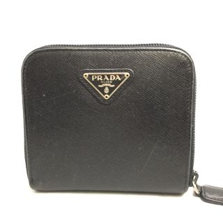 プラダ(PRADA)のPRADA プラダ 黒 レザー ラウンドファスナー コンパクト  折財布(財布)
