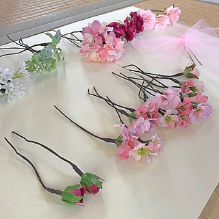 造花 チュールリボン  ウェディングヘアセット(ヘッドドレス/ドレス)