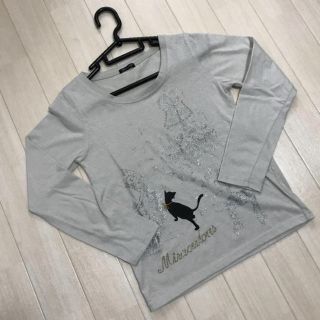 【値下げ】Tシャツ  黒猫  ラインストーン＊ライトグレー  Mサイズ(Tシャツ(長袖/七分))