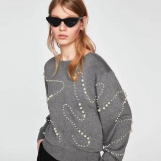 ザラ(ZARA)の美品 ♡ ZARA パール ニット セーター L 黒 ブラック(ニット/セーター)