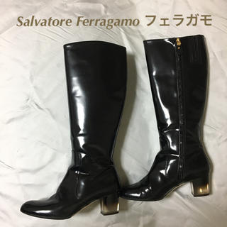 サルヴァトーレフェラガモ(Salvatore Ferragamo)の美品フェラガモ クリスタルヒールレザーブーツ6 1/2Dブラック(ブーツ)