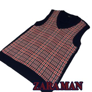 ザラ(ZARA)の美品【ZARA MAN】ザラ 薄手チェックベストXL 濃紺 まりん様予約済み(ベスト)