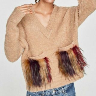 ザラ(ZARA)のZARA☆ポケットファー ニット ベージュ ファーニット IENA BEAMS(ニット/セーター)