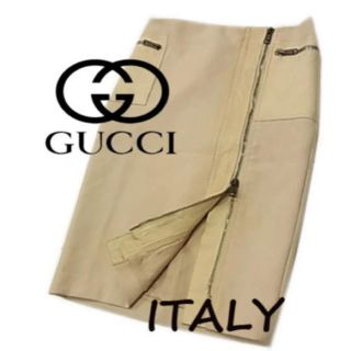 グッチ(Gucci)のグッチ フロント フルジップ 一部レザー 秋冬用　タイトなデザイン スカート40(ひざ丈スカート)