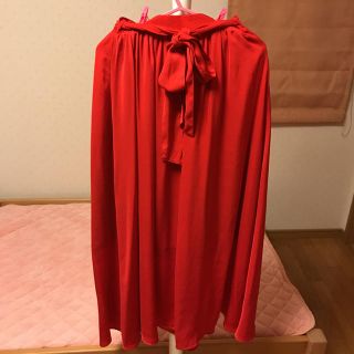 ジーユー(GU)のスカート 赤 ロング リボン ゴム 服 レディース レッド(ロングスカート)