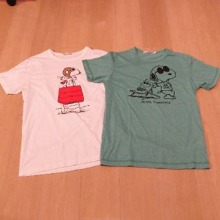 ユニクロ(UNIQLO)のユニクロ スヌーピー Tシャツ 2枚組 紳士 Sサイズ クリーム色 グリーン(Tシャツ/カットソー(半袖/袖なし))