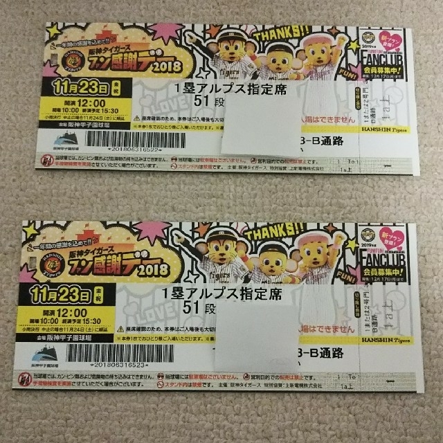 阪神タイガース(ハンシンタイガース)の阪神タイガース ファン感謝デー2018 ペアチケット チケットのスポーツ(野球)の商品写真