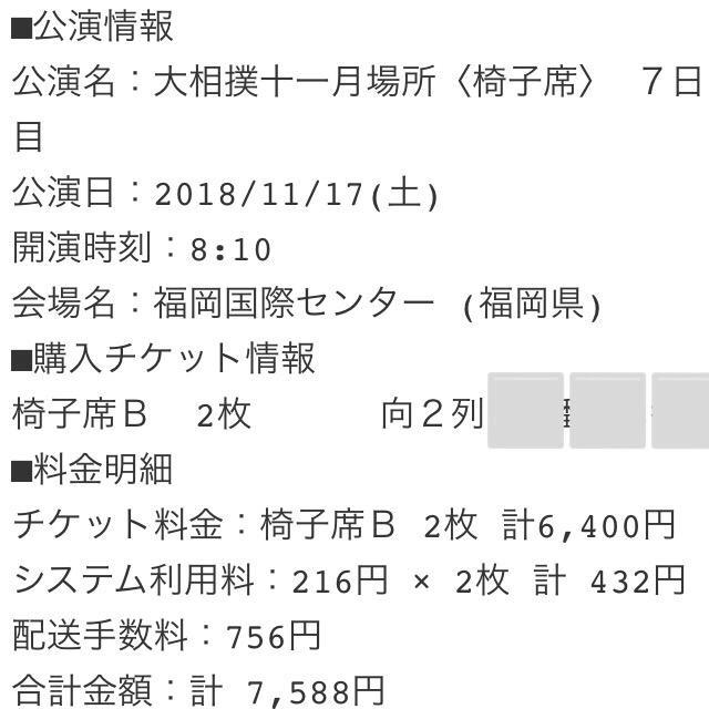 大相撲十一月場所 7日目 11月17日 土曜日 椅子席 B 2列目 チケットのスポーツ(相撲/武道)の商品写真