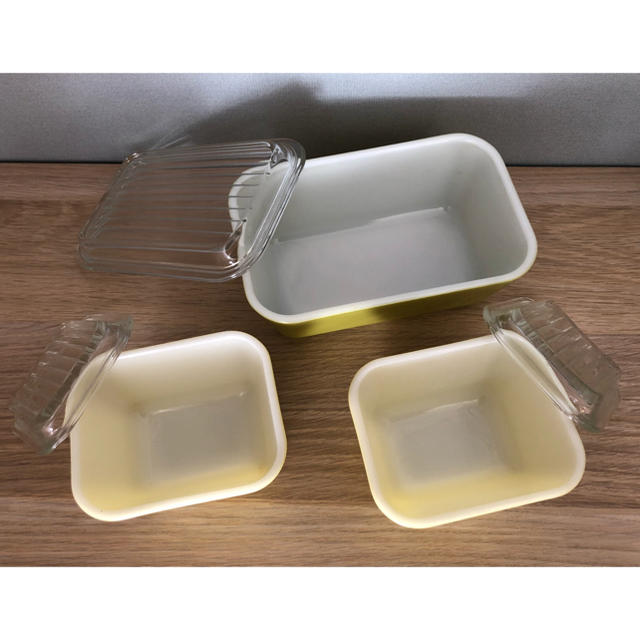 Pyrex(パイレックス)の最終セール！！オールドパイレックス レフ ライム イエロー 3点セット インテリア/住まい/日用品のキッチン/食器(食器)の商品写真