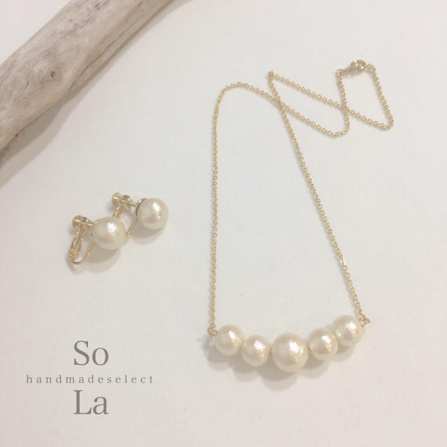 2点セット＊結婚式2次会＊パールブリッジネックレス＆パールイヤリングセット ハンドメイドのアクセサリー(ネックレス)の商品写真