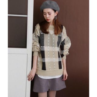 ケービーエフ(KBF)のハンドステッチチェックニット beige(ニット/セーター)