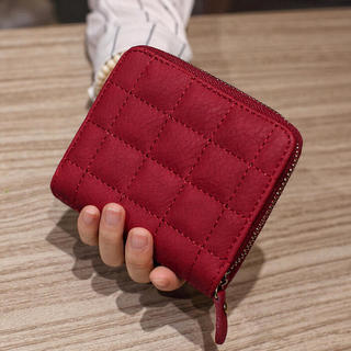 財布 レディース 二つ折り コンパクト レザー ステッチ レッド ファッション(折り財布)