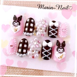 ♡オーダーネイル♡チェック×ストーン埋め尽くし×編み上げリボン♡ピンク×黒♡