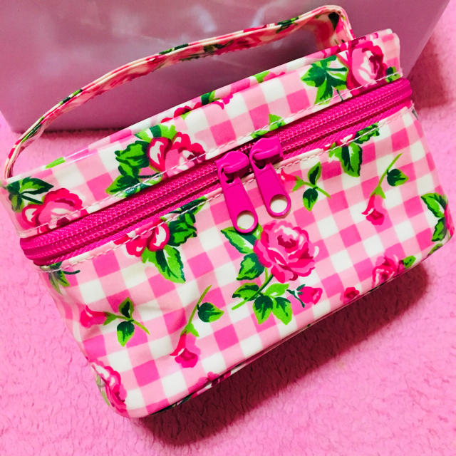 ローズ 薔薇 ギンガムチェック柄 バニティポーチ ピンク レディースのファッション小物(ポーチ)の商品写真