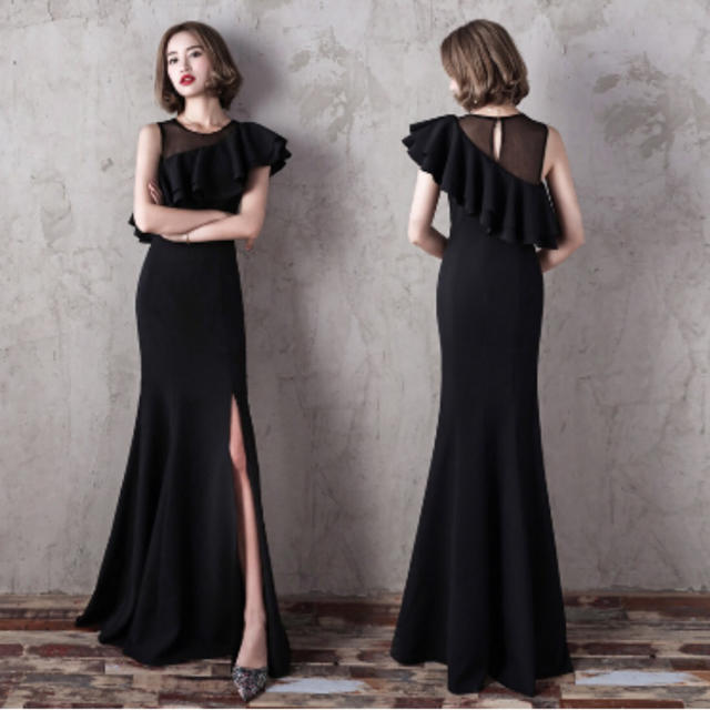 黒 ワンショルダー フリル キャバドレス ワンピ ドレス セクシー ブラック レディースのフォーマル/ドレス(ロングドレス)の商品写真