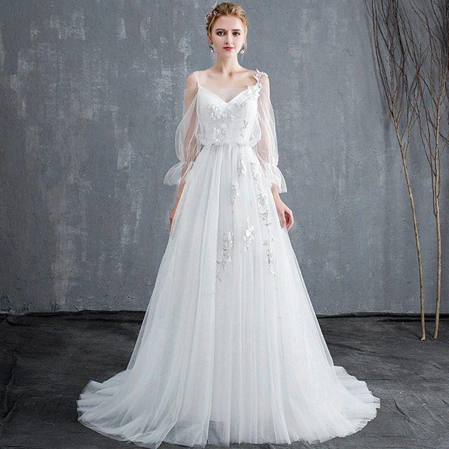 ウエディングドレス aライン 安い 長袖 白 ウェディングドレス ロング 花嫁  レディースのフォーマル/ドレス(ウェディングドレス)の商品写真