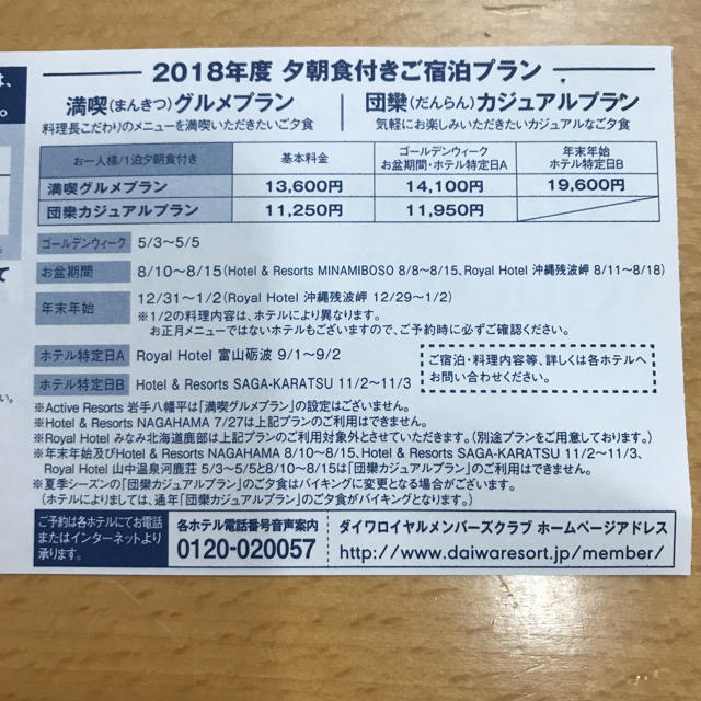 DAIWA(ダイワ)のダイワロイヤルホテル  メンバーズゲストチケット チケットの優待券/割引券(宿泊券)の商品写真