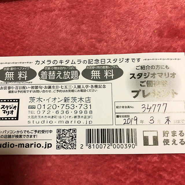 Kitamura(キタムラ)のスタジオマリオ ご紹介優待券 チケットの優待券/割引券(その他)の商品写真