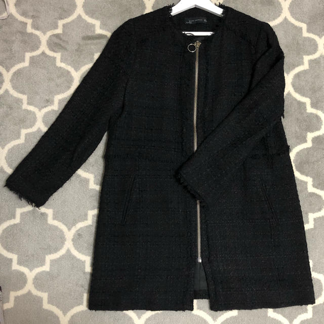 ZARA woman コート ノーカラー ロング ツイード L 黒