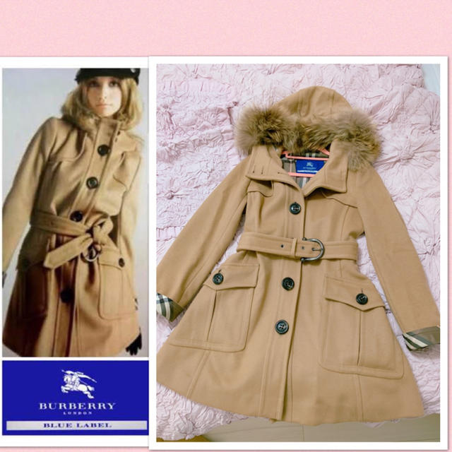 BURBERRY BLUE LABEL(バーバリーブルーレーベル)のバーバリー新品ファー襟ダッフルコート雑誌掲載Burberry銀座購入未使用美品 レディースのジャケット/アウター(ダッフルコート)の商品写真