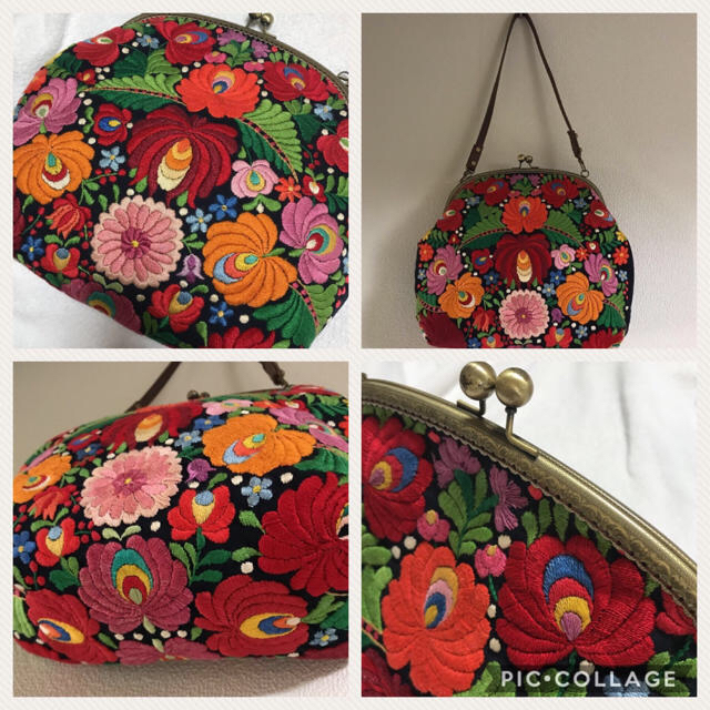 ハンガリー カロチャ刺繍 手刺繍 がま口バッグ 花 ヴィンテージ