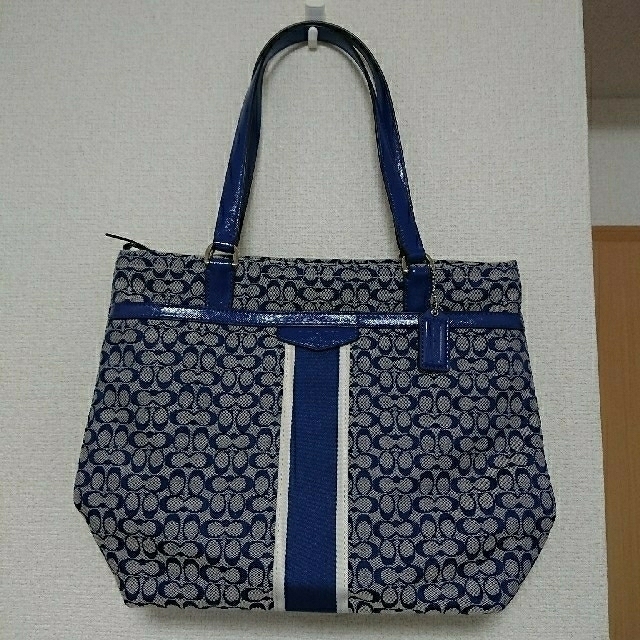 ネイビー超美品☆COACH(コーチ)☆シグネチャー☆トートバッグ☆ブルー(青)レディース