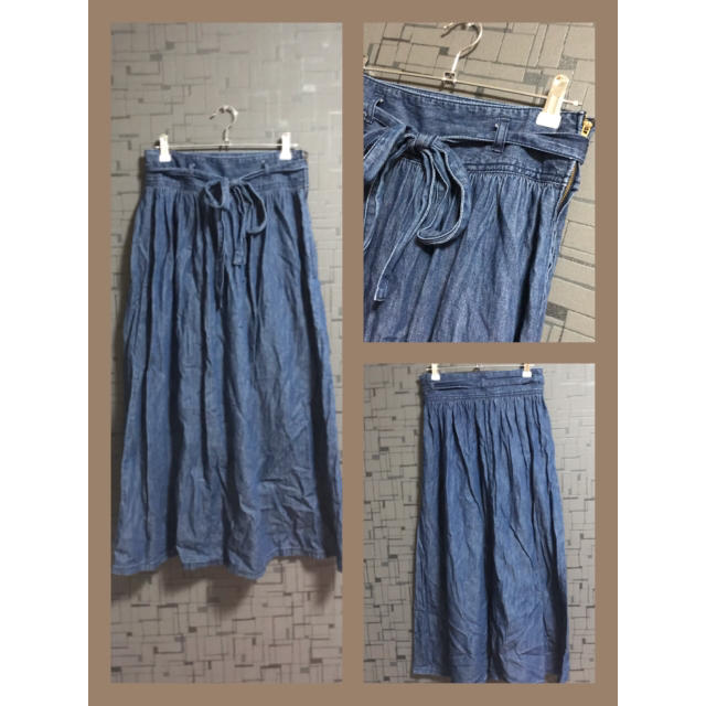 GU(ジーユー)のデニムリボン付きフレアスカート レディースのスカート(ひざ丈スカート)の商品写真