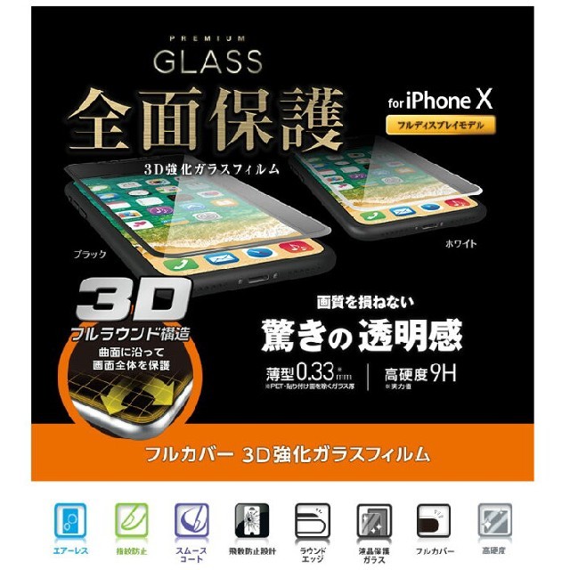 ELECOM(エレコム)のiPhone 5.8インチ画面対応 3D全面保護 撥水ガラス ホワイト 新品 スマホ/家電/カメラのスマホアクセサリー(保護フィルム)の商品写真