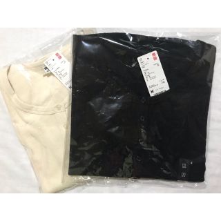 ユニクロ(UNIQLO)の新品ユニクロワッフルヘンリーネックTシャツ レディースM ブラック・ホワイト(Tシャツ(長袖/七分))